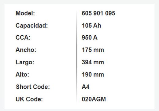 Batería AGM Varta Silver. Dynamic 105 Ah – 950A (A4)