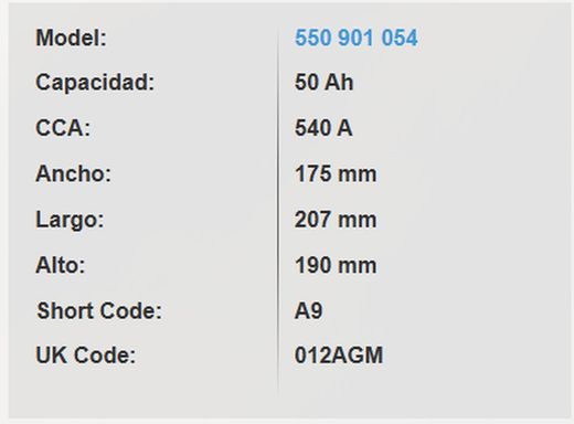 Batería AGM Varta Silver. Dynamic 50 Ah – 540A (A9)