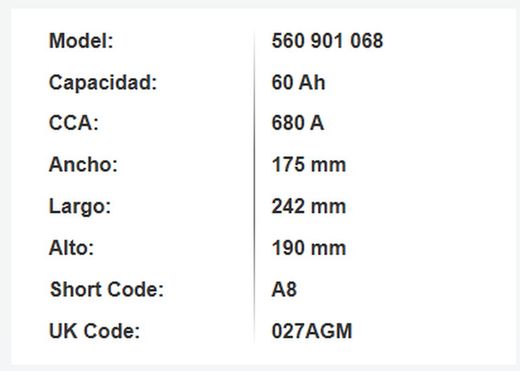 Batería AGM Varta Silver. Dynamic 60 Ah – 680A (A8)