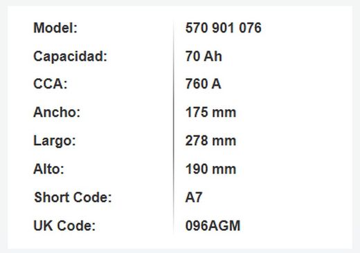Batería AGM Varta Silver. Dynamic 70 Ah – 760A (A7)