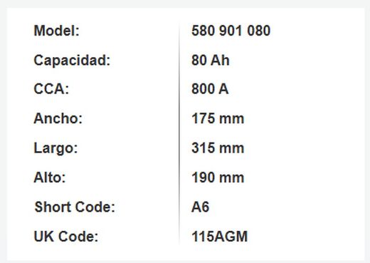 Batería AGM Varta Silver. Dynamic 80 Ah – 800A (A6)