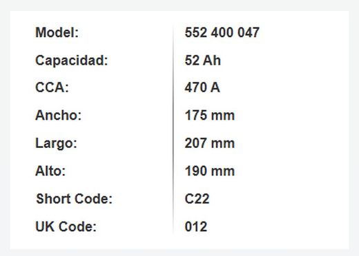 Batería Varta Blue Dynamic 52 Ah – 470A (C22)