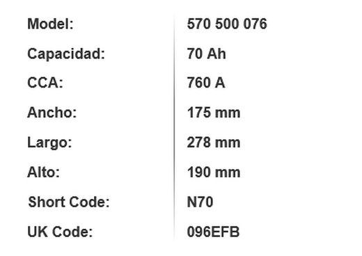 Batería EFB Varta Blue Dynamic 70 Ah – 760A (N70)