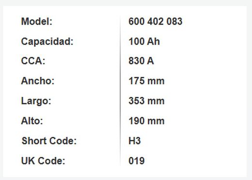 Bateria Varta Silver Dynamic 100 Amp. 830A (H3)