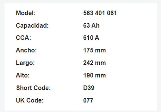 Batería Varta Silver Dynamic 63 Amp. 610A (D39)