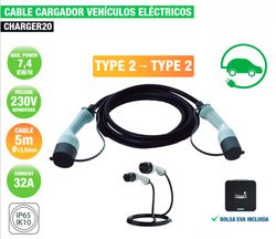 Cable Cargador V.E. 230V/32A-7,4Kw Type 2→Type 2 (5M)