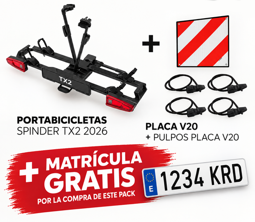 Pack Portabicicletas Spinder TX2 LED 2026 + Placa V-20 + Matrícula de Regalo
