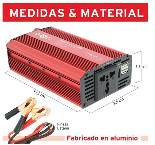 Transformador de corriente de 12v. > 220v.  600W. 2 salidas USB 5v.2.4A