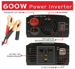 Transformador de corriente de 12v. > 220v.  600W. 2 salidas USB 5v.2.4A