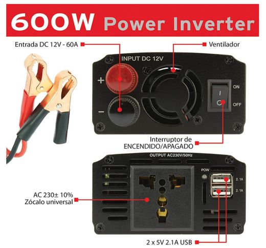 Transformador de corriente de 12v. > 220v.  600W. 2 salidas USB 5v.2.4A